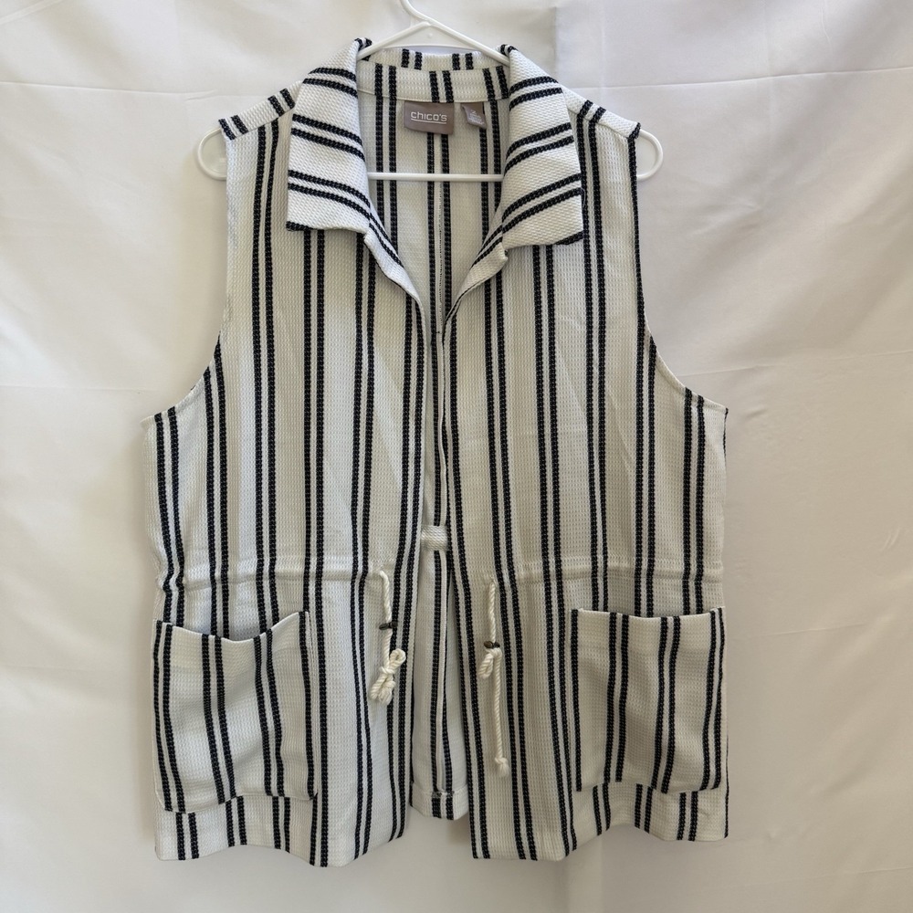 Chicos Textured Stripe Drawstring Waist Vest Womens L (2) Nautical Knit Coastal